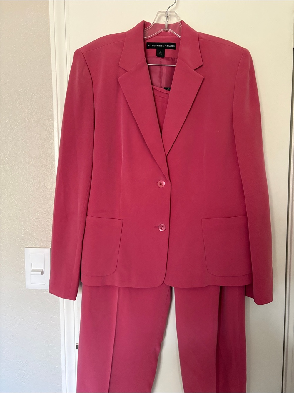 Josephine Chaus Women’s Rose Pink Two-Button Blazer Suit with Pants.